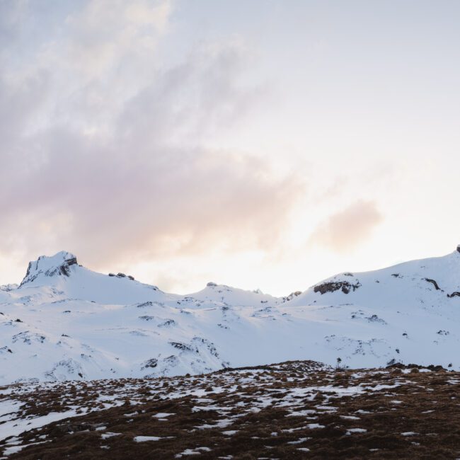 Panorama of the Margelchopf and Aliver hiking trails during sunset in winter