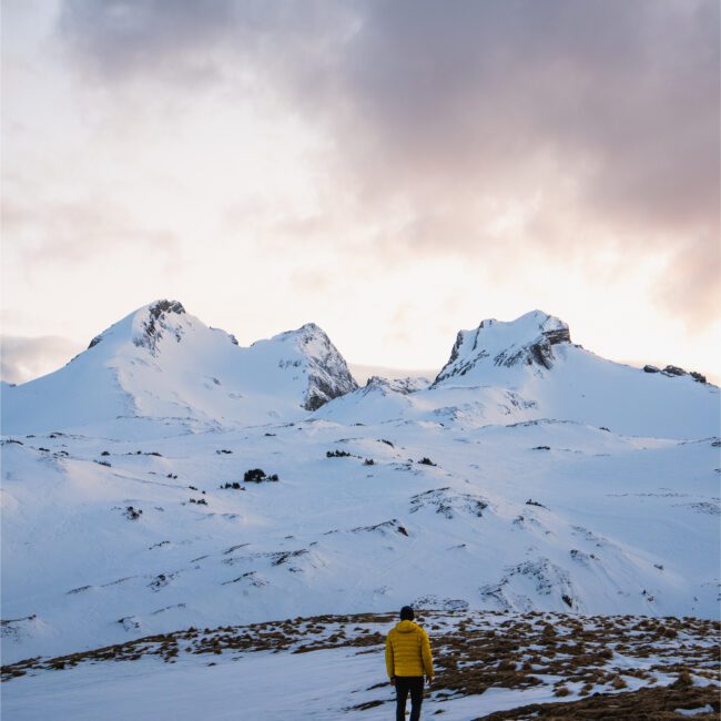 View of the Alvier peaks during Sunset in winter during the hike to Margelchopf