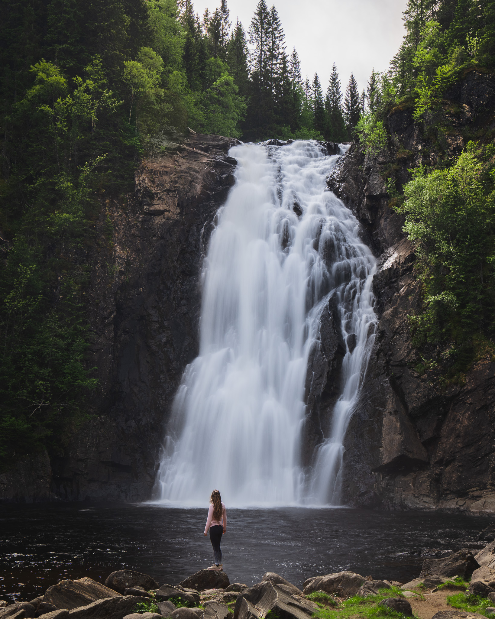 Photography Storfossen waterfall close-up view near Trondheim in Norway. Ruta cataratas Storfossen