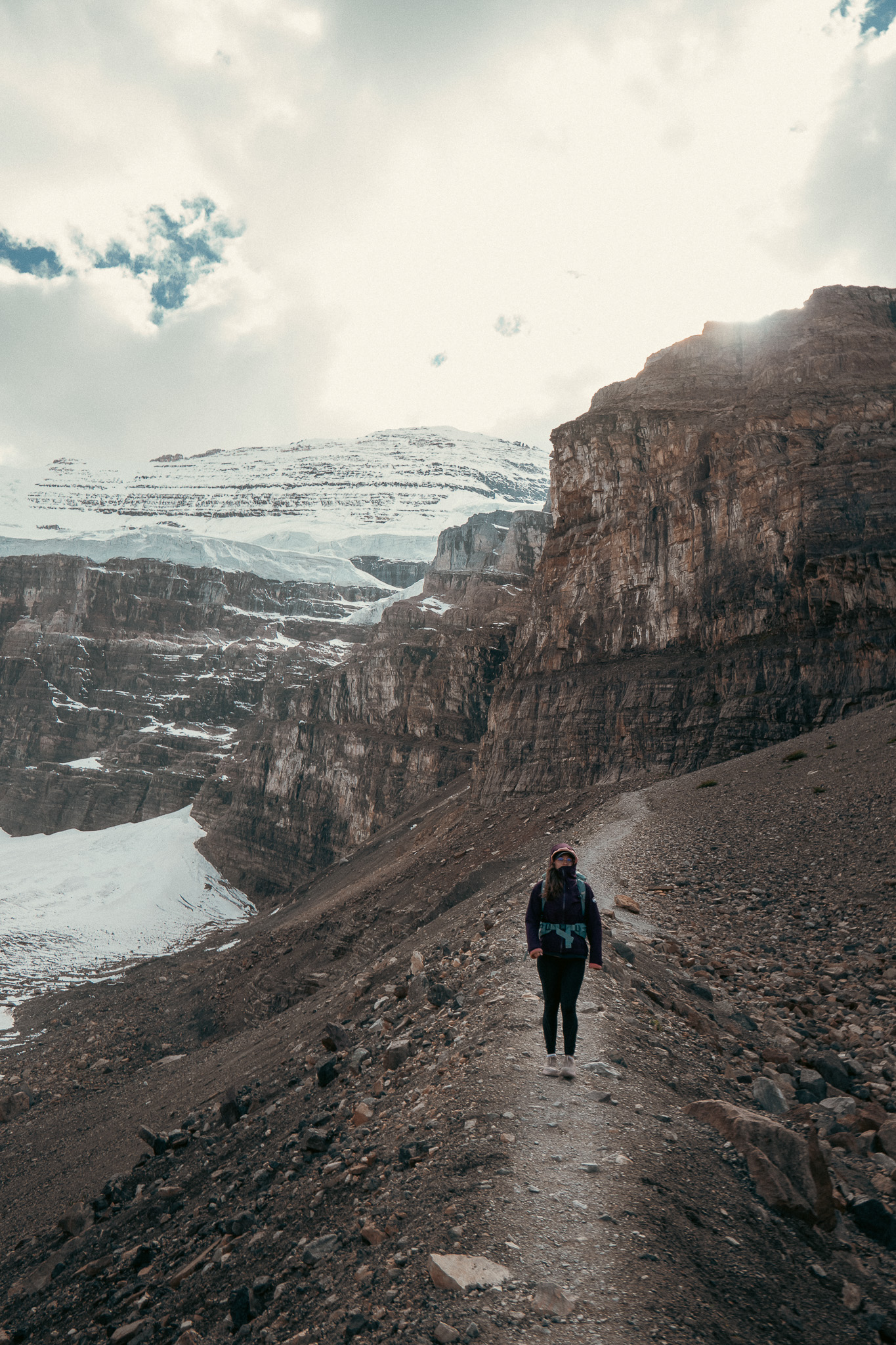 Alicia at the hiking trail Plain of the Six Glaciers in Lake Louise Banff National Park