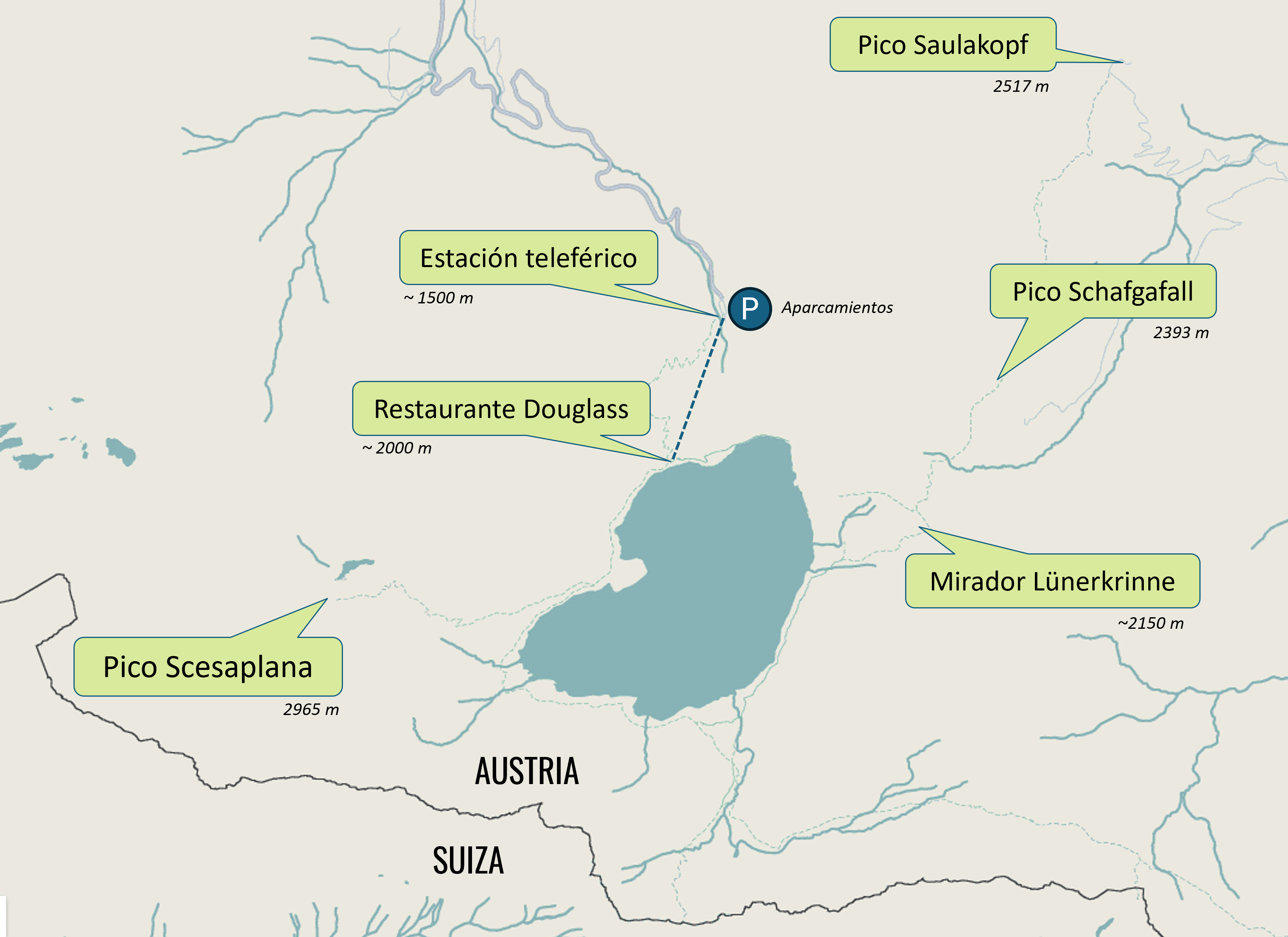 Map showing main points of interest near lake Lünersee in Austria