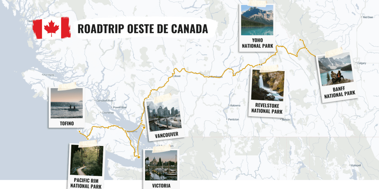 map showing a roadtrip itinerary on west canada showcasing vancouver and banff national park