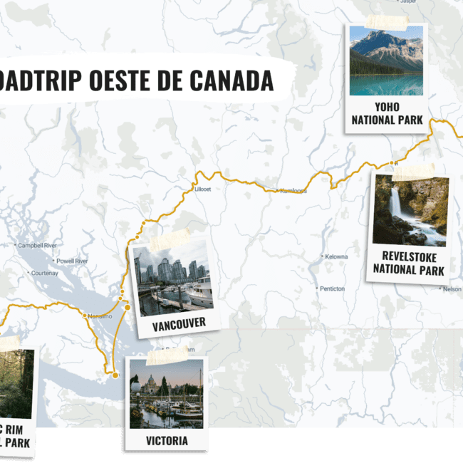 map showing a roadtrip itinerary on west canada showcasing vancouver and banff national park