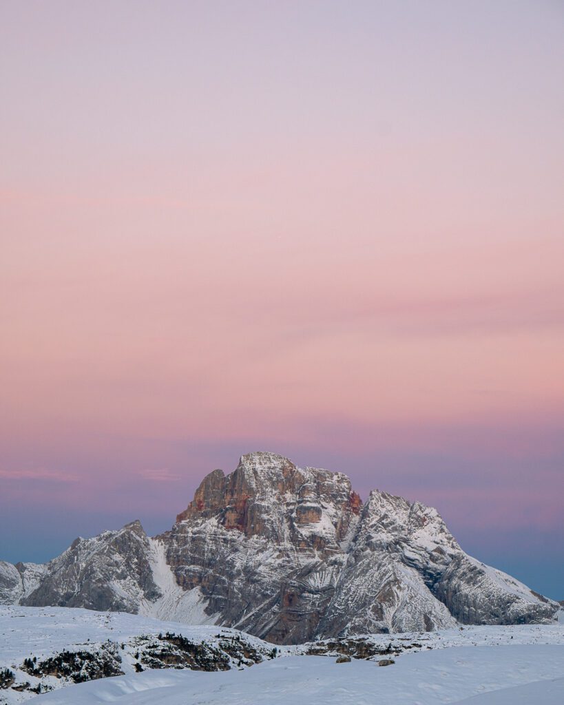 Moments before sunrise at Tre Cime di Lavaredo trail loop alpenglow