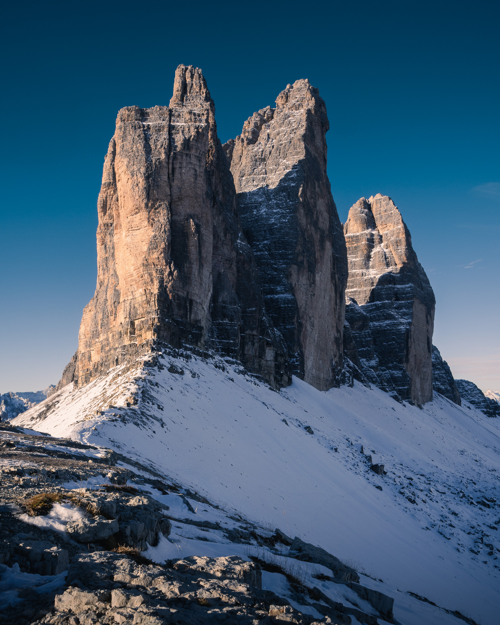 Close up view of the Tre Cime di Lavaredo from the trail in Dolomites