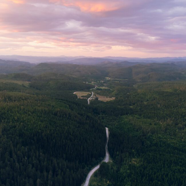 Foto de dron del Parque Nacional Dovrefjell-Sunndalsfjella en Noruega con el sol de medianoche